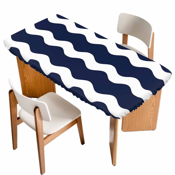 Navy Blue Fitted Rectangle Tablecloth 24" x 50" Wavy Stripes Elastic Table Cloth Fits for 4 Foot Folding Tables Waterproof Table Cover for Picnic Camping Outdoor