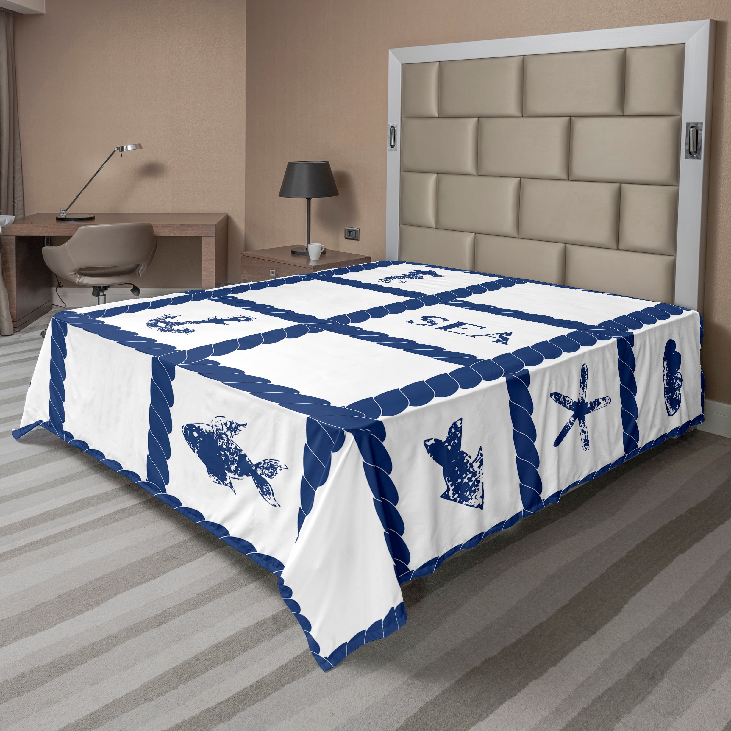 Navy Blue Flat Sheet, Navy Yacht Vessel Used as Frame with Starfish