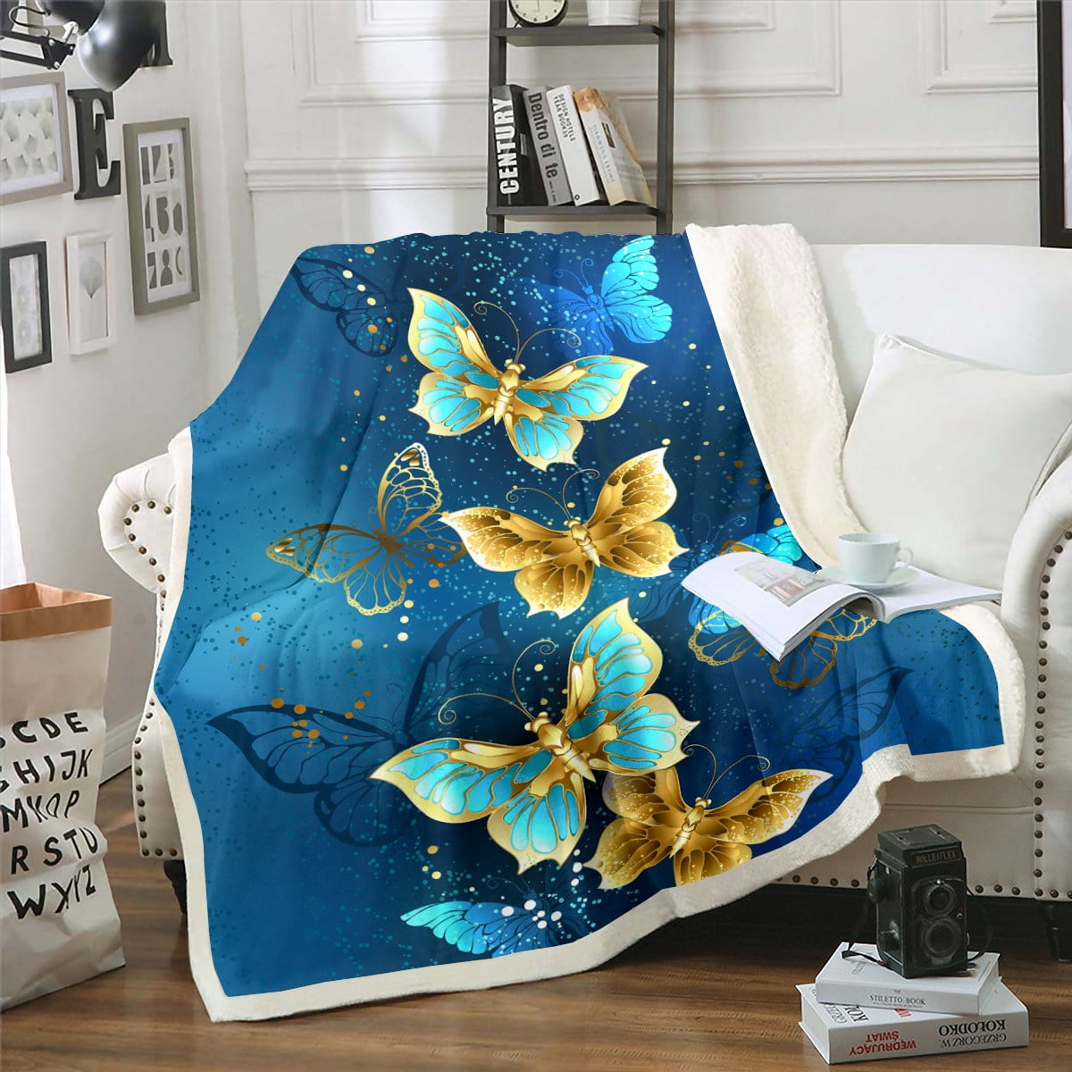 Navy Blue Fleece Blanket Teal Gold Butterfly Sherpa Blanket for Women