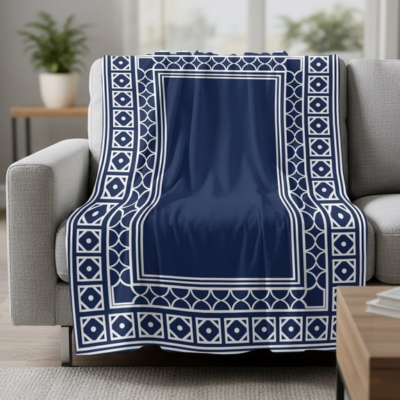 Navy Blue Fleece Throw Blanket Boho Diamond Pattern Border Rustic Southwestern Ultra Soft Fuzzy Cozy Flannel Throw Blanket for Couch Sofa Bed Car Travel, Ideal Gifts 30x40 Inches
