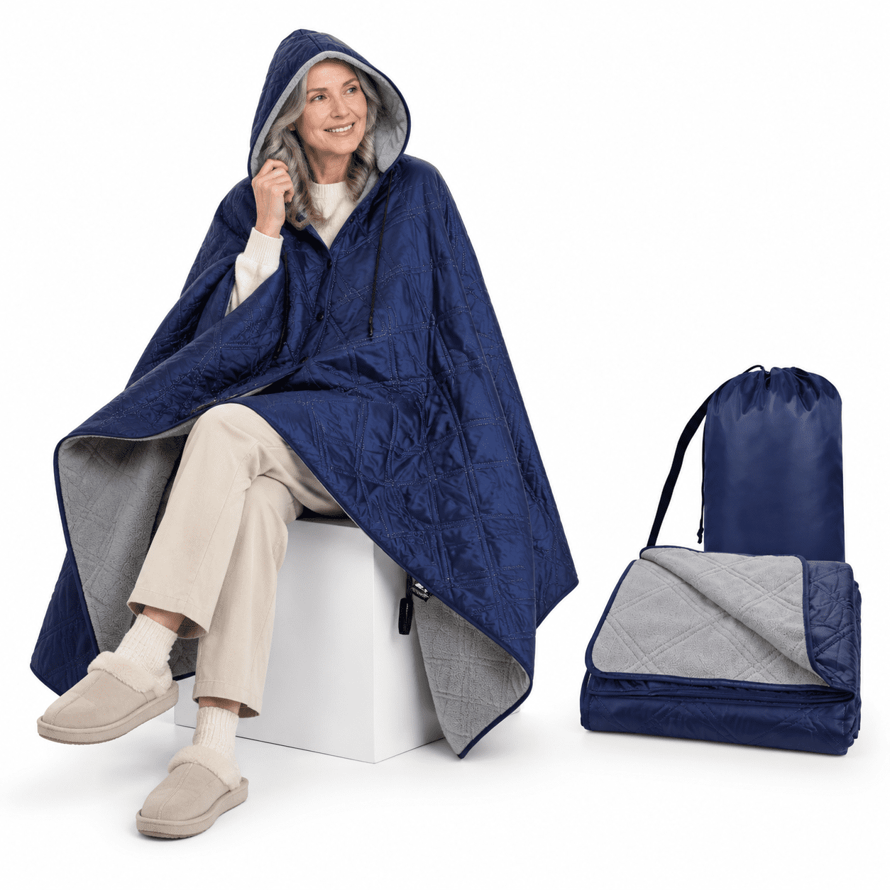 Travel Rug Navy/Blue Fleece Waterproof Stadium Blanket with Portable Bag for ...
