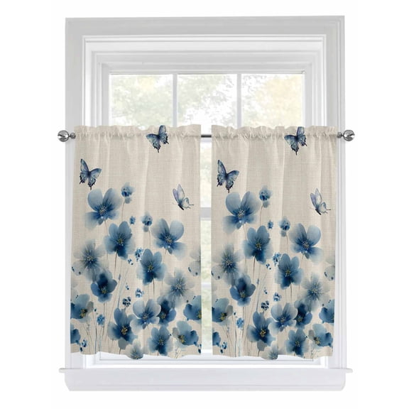 Navy Blue Floral 2 Panel Kitchen Curtains for Windows, Spring Flowers Rustic Butterfly Bathroom Privacy Curtain, Home Décor Window Treatment for Bedroom/Living Room 55"x45"