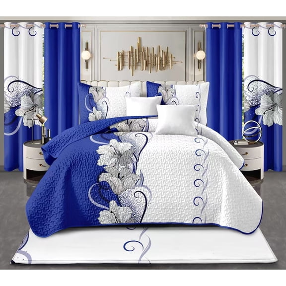 Navy Blue Floral 9-Piece Bedding & Curtain Set - Twin/Queen/King/Cal King Sizes, Quilted Bedspread, Pillowcases & Grommet Curtains（Twin）