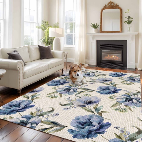 Navy Blue Floral Area Rug 5x7 FT, Non Slip Bedroom Throw Carpet, Vintage Flowers Elegant Pastoral Rustic Washable Soft Floor Carpet Non-Shedding Rug for Dining Room Bedside Classroom Desk