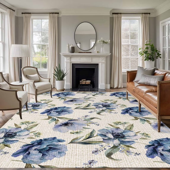 Navy Blue Floral Area Rug 6x9 FT, Non Slip Living Room Throw Carpet, Vintage Flowers Elegant Pastoral Rustic Washable Soft Large Floor Carpet Non-Shedding Rug for Bedroom Dining Room Play Room