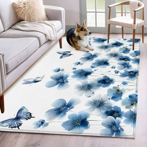 Navy Blue Floral Area Rugs 4'x6', Washable Small Throw Rugs for Office Bathroom, Spring Flowers Butterflies Watercolor Indoor Outdoor Rug Non-Slip Low Pile Carpet Runner Reversible Floor Mats