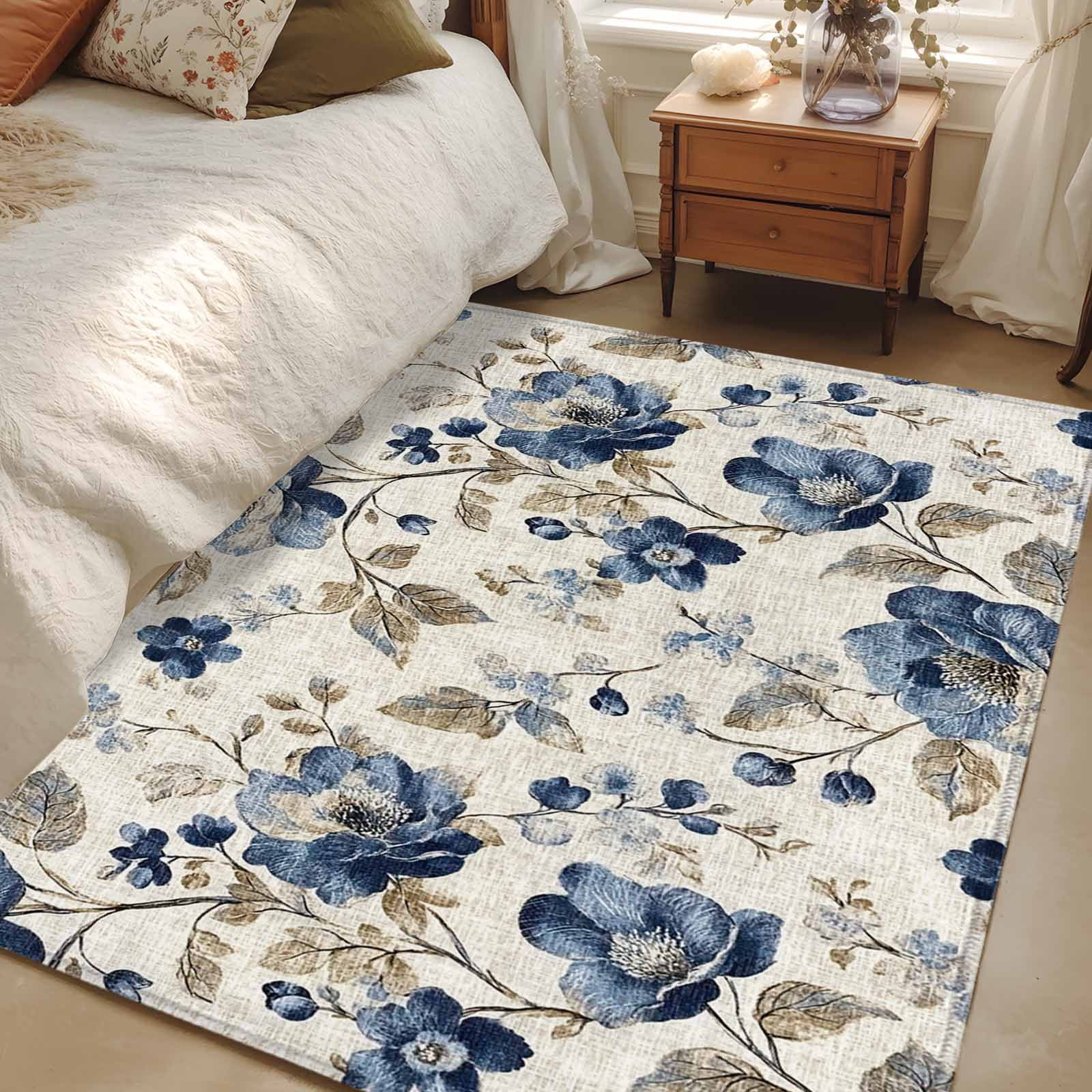 Fairview Spring Blue Rug Navy Blue Floral Area Rugs 4x6 for Living Room, Beige Vintage Farmhouse ...