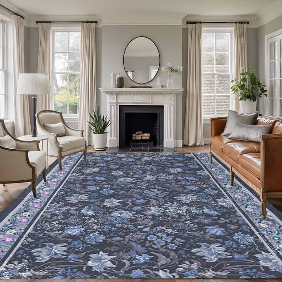 Navy Blue Floral Area Rugs 8'x10', Washable Small Throw Rugs for Living Room Patio, Ethnic Tribe Abstract Art Flowers Indoor Outdoor Rug Non-Slip Low Pile Carpet Runner Reversible Floor Mats
