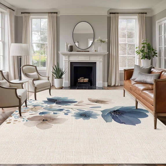 Navy Blue Floral Area Rugs 8'x10', Washable Small Throw Rugs for Living Room Patio, Watercolor Flowers Farmhouse Linen Indoor Outdoor Rug Non-Slip Low Pile Carpet Runner Reversible Floor Mats