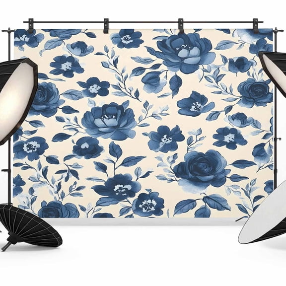 Navy Blue Floral Backdrop for Photoshoot,Photography Photo Studio Background Wall Backdrop,Spring Retro Botanical Flowers Back Drop Banner Panel for Portraits Wedding Party Live Streaming Decor 8x6Ft