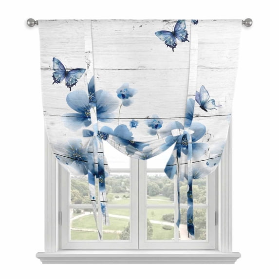 Navy Blue Floral Balloon Curtains 63 Inch Length for Living Room/Bedroom, Spring Flowers Butterflies Wooden Rod Pocket Privacy Door Curtains Decorative Tie Up Shade for Window 52"x63"