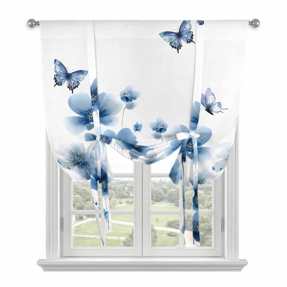 Navy Blue Floral Balloon Curtains for Bedroom/Front Door/Bathroom, Spring Flowers Butterflies Watercolor Tie Up Curtains 63 Inch Length Light Filtering Kitchen Curtains Shades for Windows 46"x63"