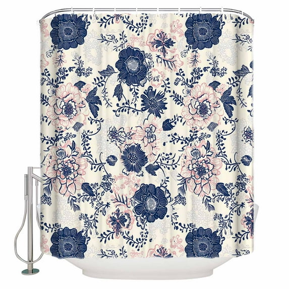 Navy Blue Floral Bathroom Shower Curtains with 12 Hooks Polyester Waterproof Shower Curtain for Stalls and Bathtubs Vintage Watercolor Botanical Flower Leaf Decorative Bathroom Curtain 36x72 Inches