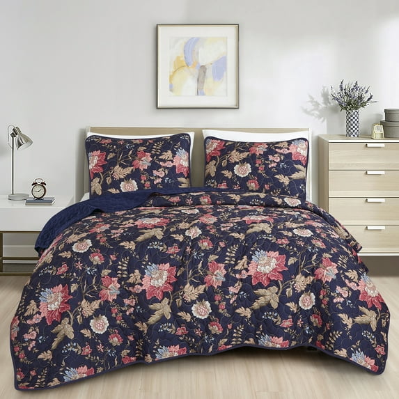 Navy Blue Floral Bedspread Set Queen Size 3-Piece Reversible Navy Quilt Set