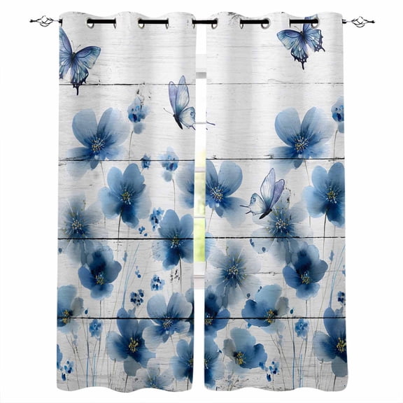Navy Blue Floral Blackout Curtains for Bedroom/Living Room, Thermal Insulated Kitchen Curtains, Spring Flowers Butterflies Wooden Grommet Darkening Window Treatment Drapes 52"x84"x2
