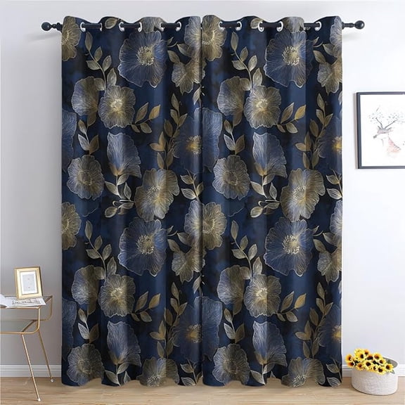 Navy Blue Floral Blackout Curtains, Gold Outline Botanical Patterned Curtains For Bedroom, Living Room Decor, Room Darkening Thermal Insulated Grommet Drapes 53"W x 63"L (Pack of 2)