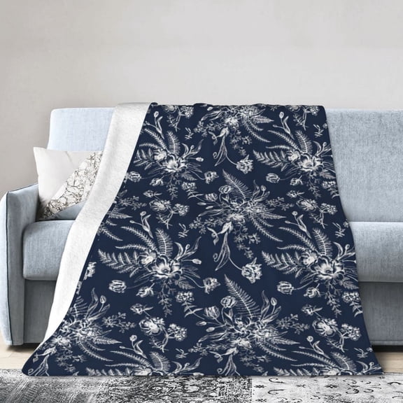 Navy Blue Floral Blanket Gift Throw Blanket Vintage Toile Botanical Gift for Women Cottage Home Decor 50x40