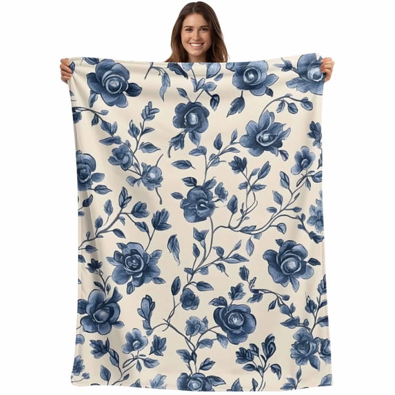 Navy Blue Floral Blanket Soft Cozy Warm Throw Blanket for Couch, Plush Fuzzy Flannel Fleece Blankets for Sofa, Spring Vintage Blossom Botanical Bed Blankets Lightweight Gifts for Women, 30"x40"