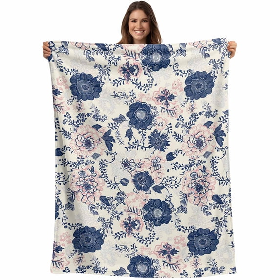 Navy Blue Floral Blanket Soft Cozy Warm Throw Blanket for Couch, Plush Fuzzy Flannel Fleece Blankets for Sofa, Vintage Watercolor Botanical Flower Leaf Bed Blankets Lightweight Gifts for Men, 40"x50"