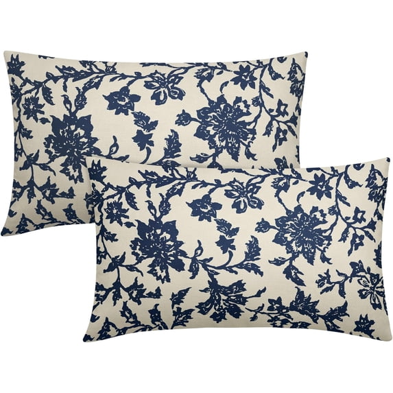 Navy Blue Floral Block Print Lumbar Pillow Covers 12x20 Set of 2 Rustic Old Style Vintage Flower Pattern Cream Decorative Rectangle Throw Pillow Cases Outdoor Farmhouse Decoration for Sofa Couch Bed