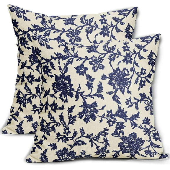 Navy Blue Floral Block Print Pillow Covers 18x18 Set of 2 Vintage Flower Pattern Cream Decorative Throw Pillowcases Outdoor Rustic Farmhouse Square Cushion Cases Decor for Home Couch Sofa Bed
