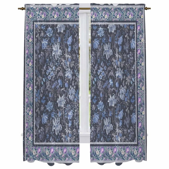 Navy Blue Floral Boho Kitchen Curtain for Berdoom Living Room Cafe 72 Inch Length, Ethnic Tribe Abstract Flower Tiers Curtains Light Filtering Drapes Rod Pocket Window Treatment 2 Panels 52"Wx72"L