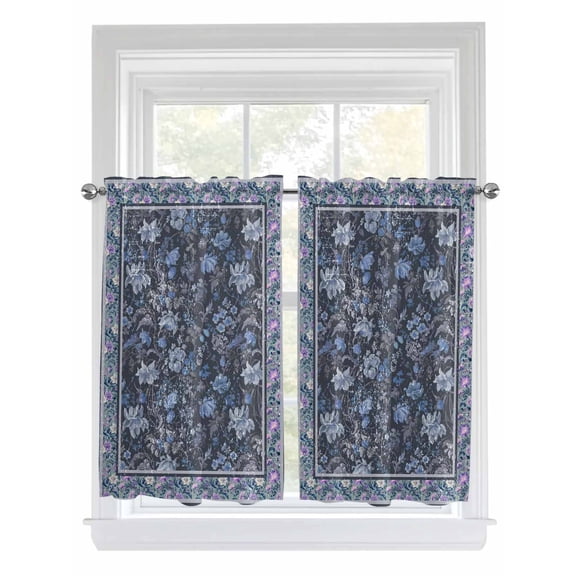Navy Blue Floral Boho Kitchen Curtains 45 Inch Length, Ethnic Tribe Abstract Art Flower Rod Pocket Light Filtering Window Curtains Living Room Bedroom Curtain Drapes Cafe Curtain 42''x45''x2