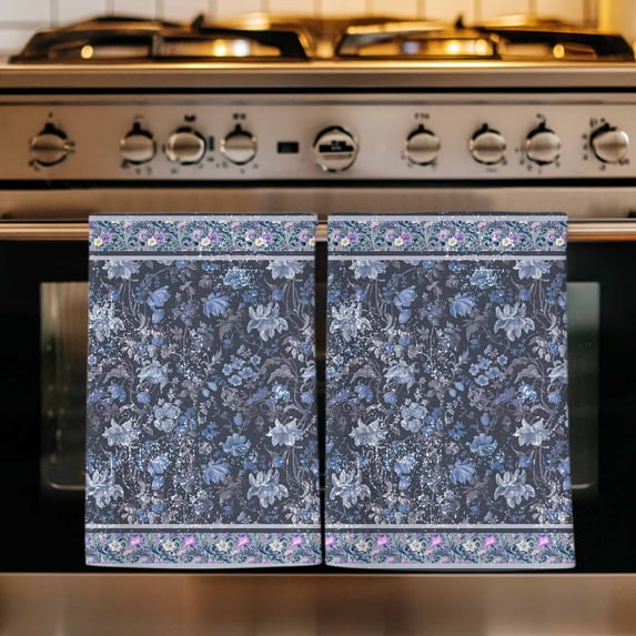 Navy Blue Floral Boho Kitchen Towels Set of 4, Ethnic Tribe Abstract Art Flower Absorbent Dish Towels for Kitchen, Microfiber Hand Towel, Quick Drying Tea Towel for Cleaning Decorative Dishcloths