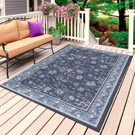 Navy Blue Floral Boho Outdoor Rug 3x5 Ft, Non Slip Washable Area Rug, Ethnic Tribe Abstract Art Flower Patio Rugs Carpet Runner, Large Floor Mat for Indoor/Outdoor Deck Porch Camping
