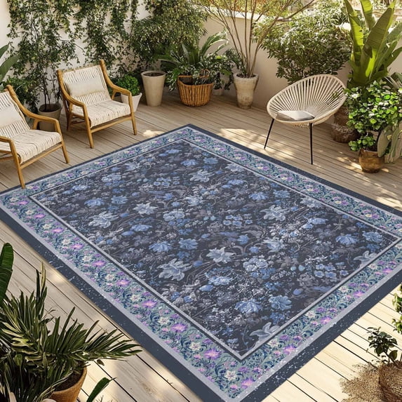 Navy Blue Floral Boho Outdoor Rug for Patio/Deck/Porch, Non-Slip Large Area Rug 4 x 6 Ft, Ethnic Tribe Abstract Art Flower Indoor Outdoor Rugs Washable Area Rugs, Reversible Camping Rug Carpet Runner