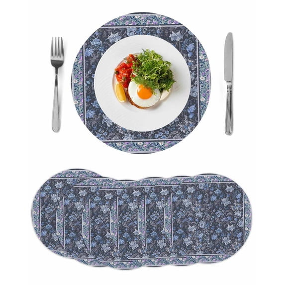 Navy Blue Floral Boho Round 13 Inch Placemats Set of 6, Ethnic Tribe Abstract Art Flower HeatResistant Non Slip Place Mats for Dining Table, Wipeable Braided Kitchen Table Mats for Housewarming