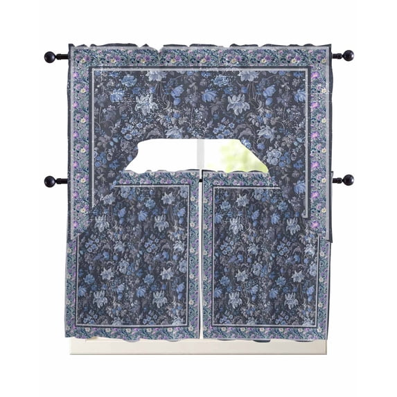 Navy Blue Floral Boho Swag Curtains for Living Room/Bedroom Windows, Ethnic Tribe Abstract Art Flower Kitchen Curtains and Valances Set 36 Inch Length, Light Filtering Swags Valance Curtain Panels