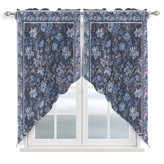 Navy Blue Floral Boho Swag Valances for Windows, Kitchen Window Curtains Over Sink, Ethnic Tribe Abstract Art Flower Window Treatment Curtains for Living Room/Bedroom Curtains 2 Panel Sets 36"x45"