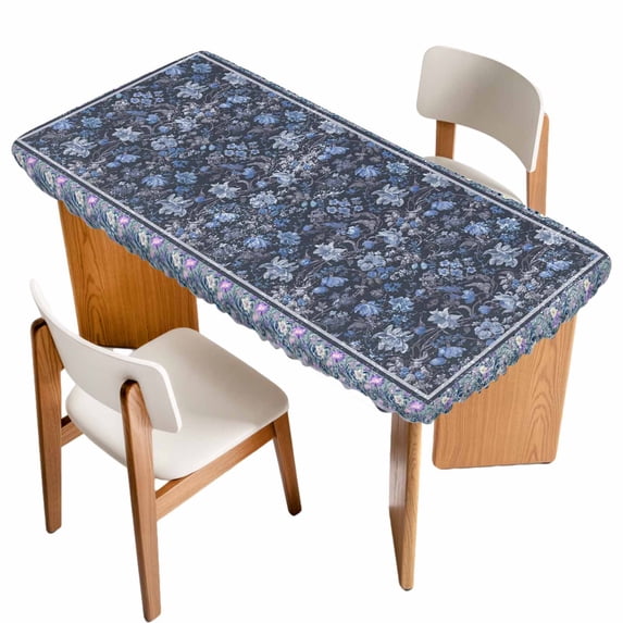 Navy Blue Floral Boho Table Cloths for 3 Foot Rectangle Tables, Ethnic Tribe Abstract Art Flower Patio Waterproof Elastic Fitted Tablecloths, Washable Rectangular Table Cover for Camping