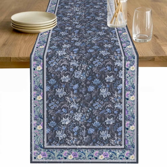 Navy Blue Floral Boho Table Runner - 108 Inch Long Ethnic Tribe Abstract Art Flower Cotton and Linen Blended Dress Scarves Farmhouse Table Runner for Kitchen Dining, Coffee Table, 13" x 108"