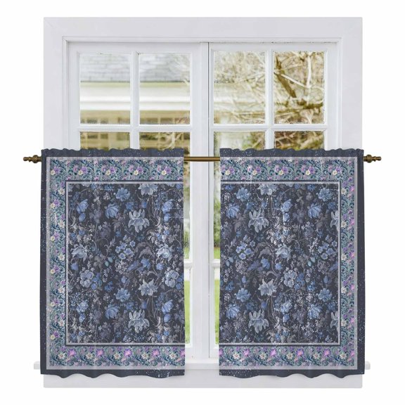 Navy Blue Floral Boho Tier Curtains 54 Inch Length, Ethnic Tribe Abstract Flower Cafe Short Curtains for Bathroom Over Sink, Small Kitchen Curtain Light Filtering Tiered Drapes 2 Panels 27.5"Wx54"L