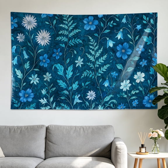 Navy Blue Floral Botanical Aesthetic Wall tapestry, Large size Printed Horizontal Tapestry blanket, Polyester Fabric Wall Hanging for bedroom, living room, No Installation Required, Indoor, Outdoor,