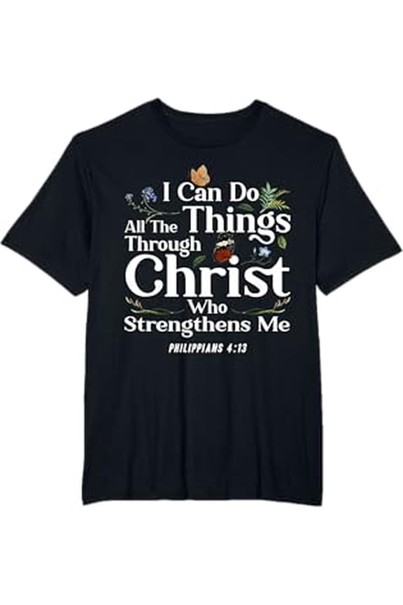 Navy Blue Floral Butterfly Comfort Colors T-Shirt with Philippians 4:13 Inspirational Quote
