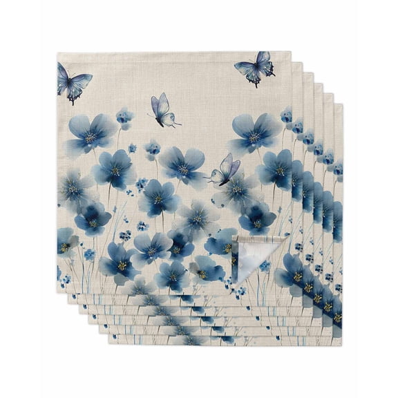 Navy Blue Floral Cloth Napkins Set of 6 Reusable Dinner Napkins, Spring Flowers Rustic Butterfly Cocktail Napkin Washable Table Napkins for Wedding/Holiday Party/Baby Shower 20"x20"
