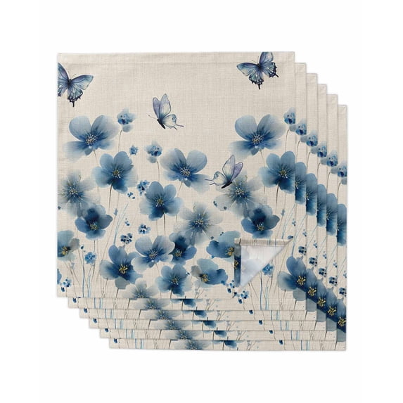 Navy Blue Floral Cloth Napkins Set of 6 Reusable Dinner Napkins, Spring Flowers Rustic Butterfly Cocktail Napkin Washable Table Napkins for Wedding/Holiday Party/Baby Shower 20"x20"