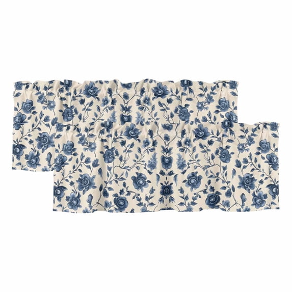 Navy Blue Floral Curtain Valances for Windows, Kitchen Valance Window Treatments Panel 2 Pack, Spring Vintage Blossom Botanical Rod Pocket Short Curtains for Bathroom Bedroom 54 x 18 Inch