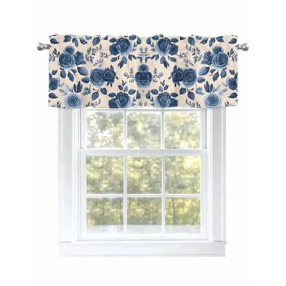 Navy Blue Floral Curtain Valances for Windows, Rustic Spring Flower Blossom Kitchen Valance Window Treatment, Light Filtering Block Curtains for Bathroom/Bedroom/Living Room 42'' x 18''