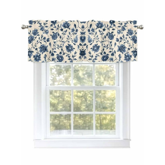 Navy Blue Floral Curtain Valances for Windows, Spring Vintage Blossom Botanical Kitchen Valance Window Treatment, Light Filtering Block Curtains for Bathroom/Bedroom/Living Room 54'' x 18''