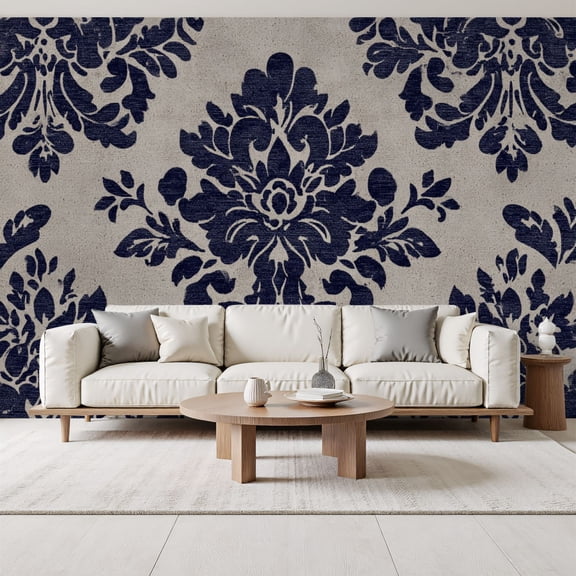 Navy Blue Floral Damask Wallpaper Beige vintage baroque luxury Peel and Stick Wall Murals 69"H x 96"W Removable PVC Wall Paper Self-Adhesive Wall Decor for Bedroom Living Room