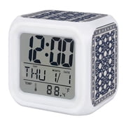 Navy Blue Floral Digital Alarm Clock for Bedrooms,Smart LED Alarm Clock with 7 Color Changing Night Light,Boho Vintage Ethnic Tribe Abstract Art Silent Wake Up Clocks for Sleep Study 3.2"x3.2"