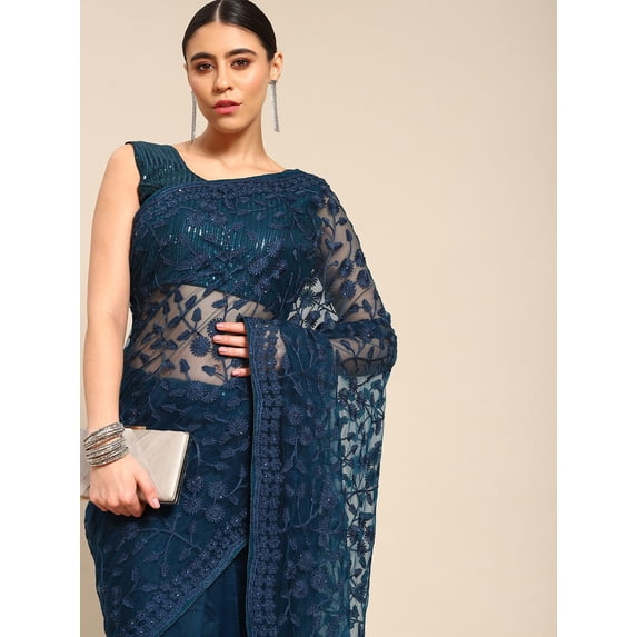 Navy Blue Floral Embroidered Net Saree - 20900862
