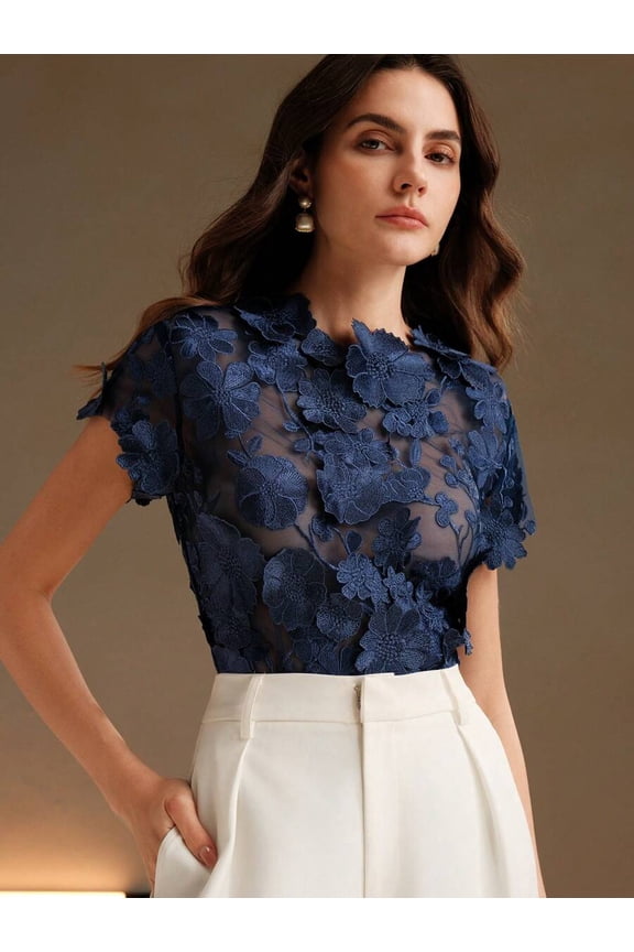 Navy Blue Floral Embroidered Sheer Blouse With 3D Flower Appliqué