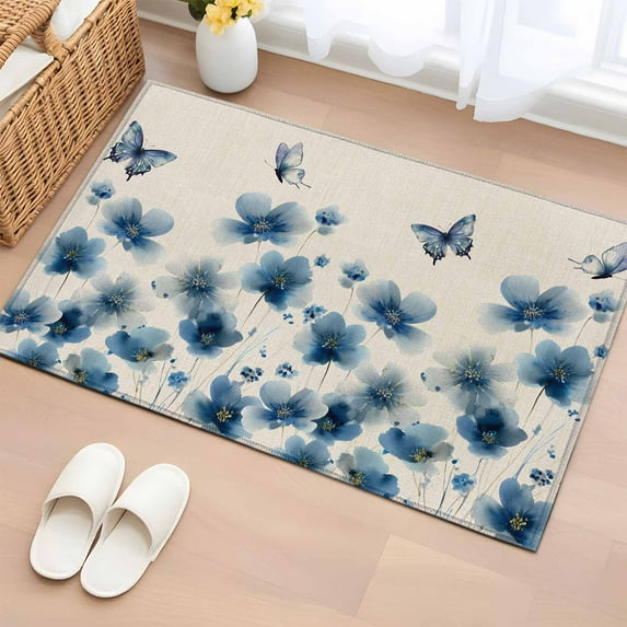 Navy Blue Floral Entryway Rug 2'x3' Non Slip Front Door Mats, Spring Flowers Rustic Butterfly Entrance Rugs Indoor Outdoor Carpet, Washable Floor Mats Small Area Rug for Bedroom Kitchen
