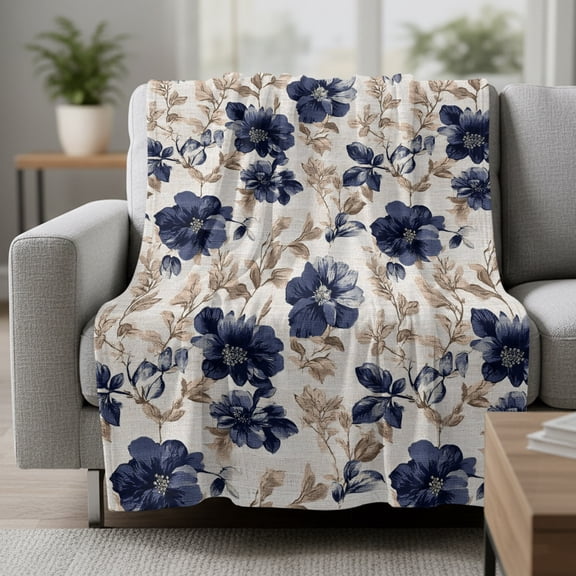 Navy Blue Floral Fleece Throw Blanket Vintage Flower Botanical Brown Leaves Classic Ultra Soft Fuzzy Cozy Flannel Throw Blanket for Couch Sofa Bed Car Travel, Ideal Gifts 50x60 Inches