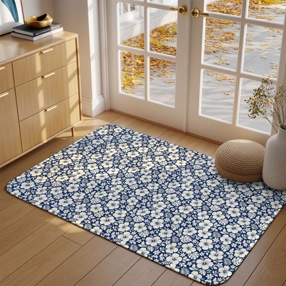 Navy Blue Floral Front Door Mat Indoor Entrance, Country Exotic Ocean Floral Palm Monstera Leaves Absorbent Dirt Resist Welcome Mats Non-Slip Low-Profile Doormat Washable Entry Rug Indoor 17x30 Inch